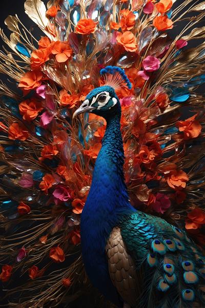 پوستر دیواری لوکس طرح طاووس با پرهای طلایی و گل‌های نارنجی مناسب پشت کاناپه و تالارهای پذیرایی مجلل