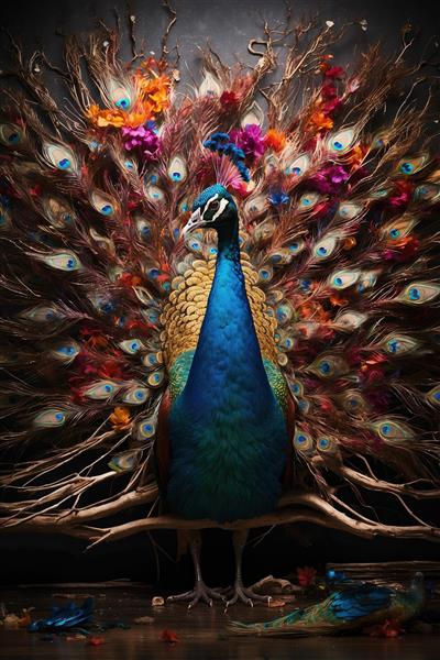 تصویر کلوزآپ طاووس با تاج طلایی و گل‌های نارنجی مناسب برای چاپ روی ماگ، کوسن و تابلوهای مربعی