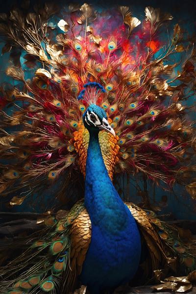 نقاشی دیجیتال طاووس نشسته روی شاخه با جزییات ظریف دم برای پوستر دیواری اتاق خواب و مستر
