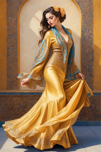 زن زیبا با لباس ساتن طلایی و شال فیروزه‌ای ویژه چاپ روی پرده تصویری و پوستر دیواری تالار تشریفات