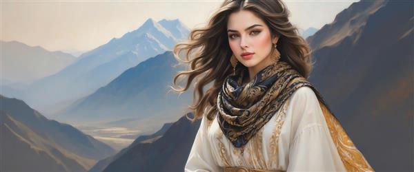 تصویر پانوراما زن در کوهستان برفی با پوشش سنتی مناسب برای پوستر دیواری عریض ویلاهای کوهستانی