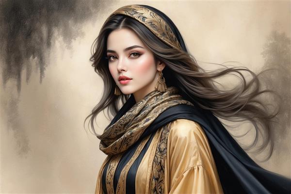 پرتره زن با شال مشکی و طلایی در زمینه مه آلود مخصوص چاپ روی شاسی و قاب عکس دکوراتیو اتاق خواب