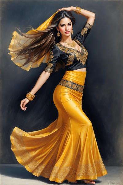 فیگور رقصنده با دامن زرد بلند ایده آل برای پوستر سه بعدی سالن‌های رقص، بدنسازی و مزون‌های لوکس