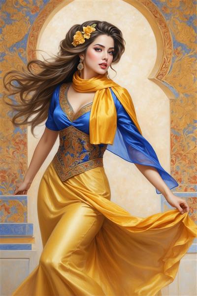 طرح پوستر دیواری چهره فانتزی زن با لباس آبی و زرد در ورودی عمارت شرقی برای راهرو و لابی هتل