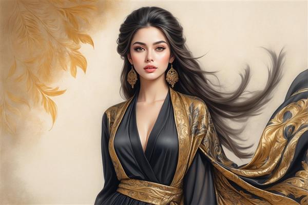 طرح گرافیکی زن با لباس حریر مشکی و جزئیات طلایی مخصوص چاپ روی دفترچه، فولدر و وسایل تزیینی