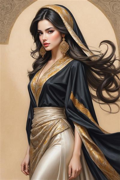 پوستر دیواری لاکچری چهره زن با شال ابریشمی و گوشواره‌های بزرگ برای دکوراسیون لابی هتل و پشت میز کانتر