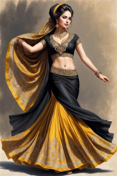 تصویر گرافیکی زن با پوشش شرقی و دامن چین‌دار برای چاپ روی پرده تصویری و روتختی اتاق خواب بزرگسال