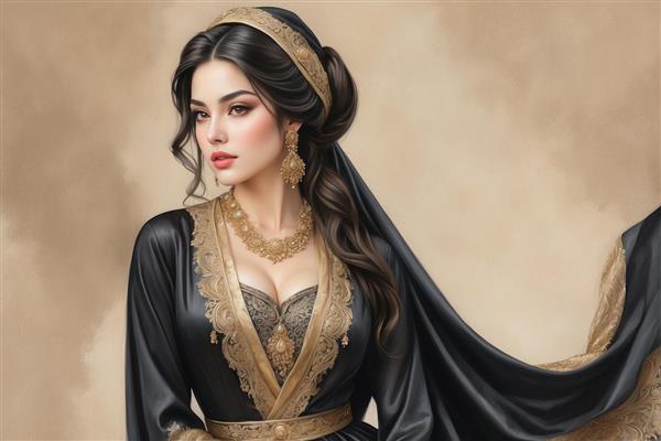 پرتره هنری زن اصیل با لباس مجلل مشکی و طلایی مناسب پوستر دیواری سالن پذیرایی و اتاق خواب مستر
