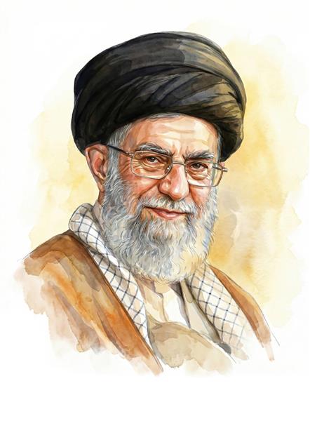 نقاشی آبرنگی چهره آیت الله خامنه ای با لبخند، تصویرسازی هنری رهبری برای چاپ تابلو شاسی و پوستر دیواری اداری