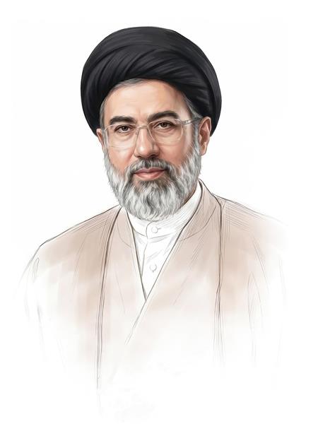 پرتره واقع‌گرایانه سید مجتبی خامنه‌ای با عبای کرم مناسب چاپ تابلو فرش و پوسترهای دیواری مذهبی