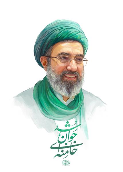 نقاشی دیجیتال مجتبی خامنه ای با شال و عمامه سبز سادات مناسب چاپ روی شاسی و تابلو دکوراتیو اتاق