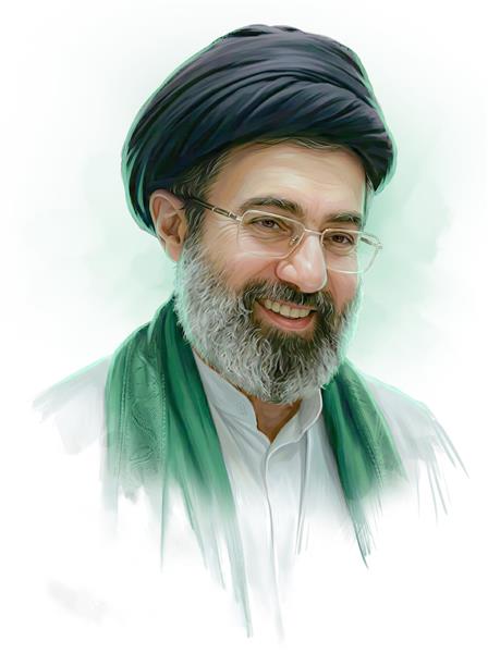 نقاشی دیجیتال لبخند مجتبی خامنه‌ای با شال سبز سیادت برای چاپ روی بوم و دفترچه