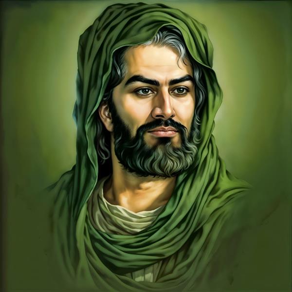 تابلو دیواری چهره پرتره منسوب به امام حسین با شال سبز نقاشی دیجیتال مناسب دکور مذهبی