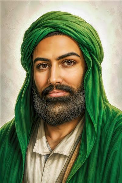 نقاشی دیجیتال چهره امام علی با شال و عمامه سبز رنگ مناسب پوستر اتاق نشیمن و تابلو دیواری مذهبی