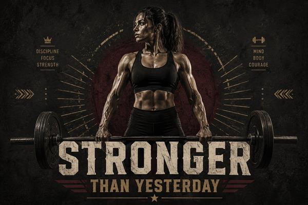 طرح پوستر سه بعدی لیفت هالتر زن ورزشکار قدرتمند همراه متن Stronger Than Yesterday مناسب دیوارهای اصلی سالن فیتنس و بدنسازی بانوان