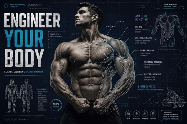طرح گرافیکی آناتومی عضلات و مرد بدنساز با نوشته Engineer Your Body، ایده‌آل برای پوستر دیواری سه بعدی سالن ورزشی
