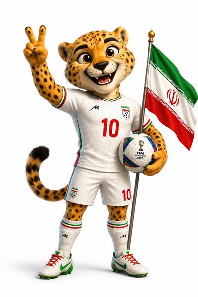 یوزپلنگ ایرانی با پرچم ایران و توپ فوتبال، طرح گرافیکی برای چاپ پوستر