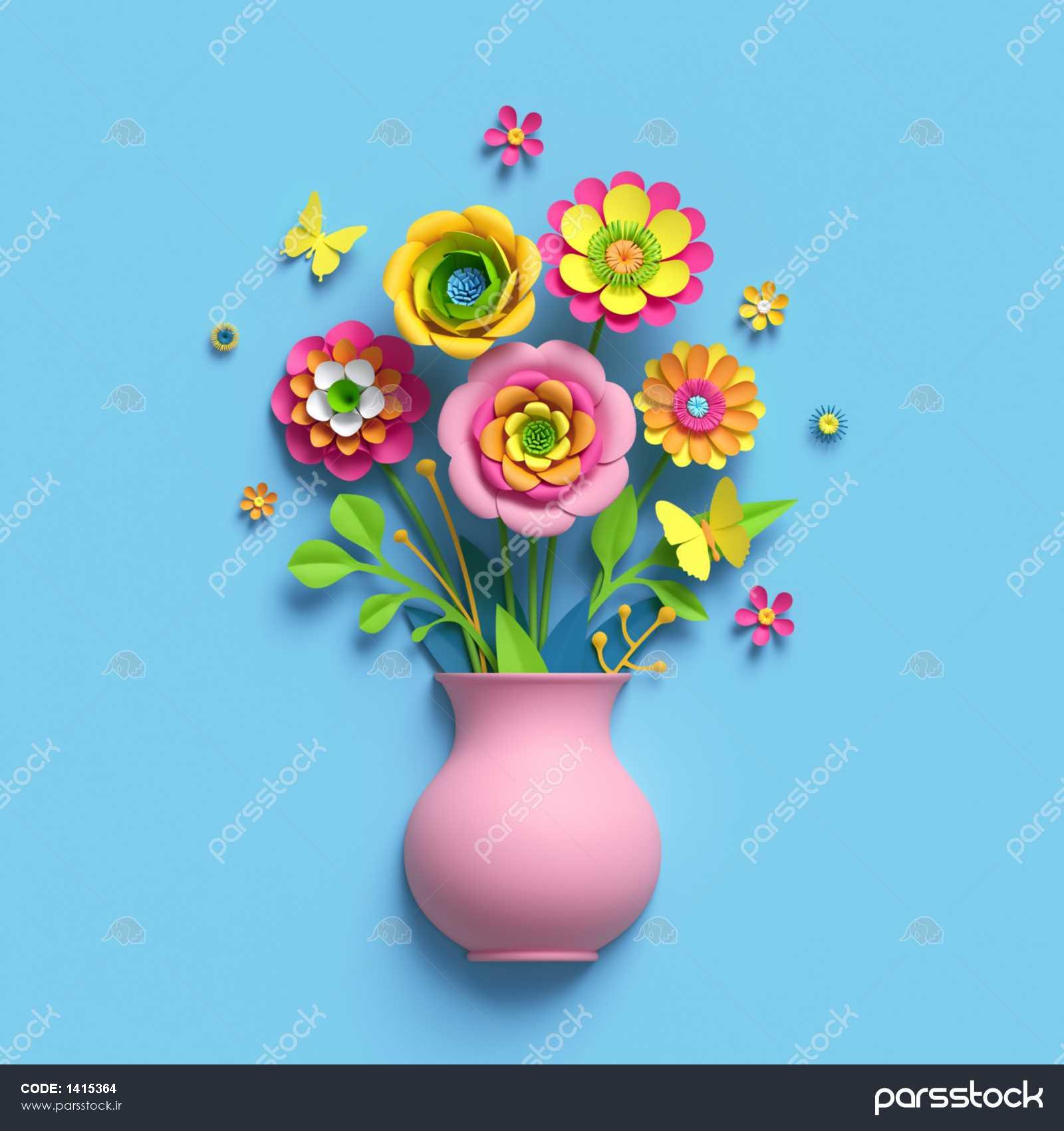 رندر 3D گل کاغذ های تزئینی گلدان صورتی دسته گل گل آرایش گیاه شناسی ...