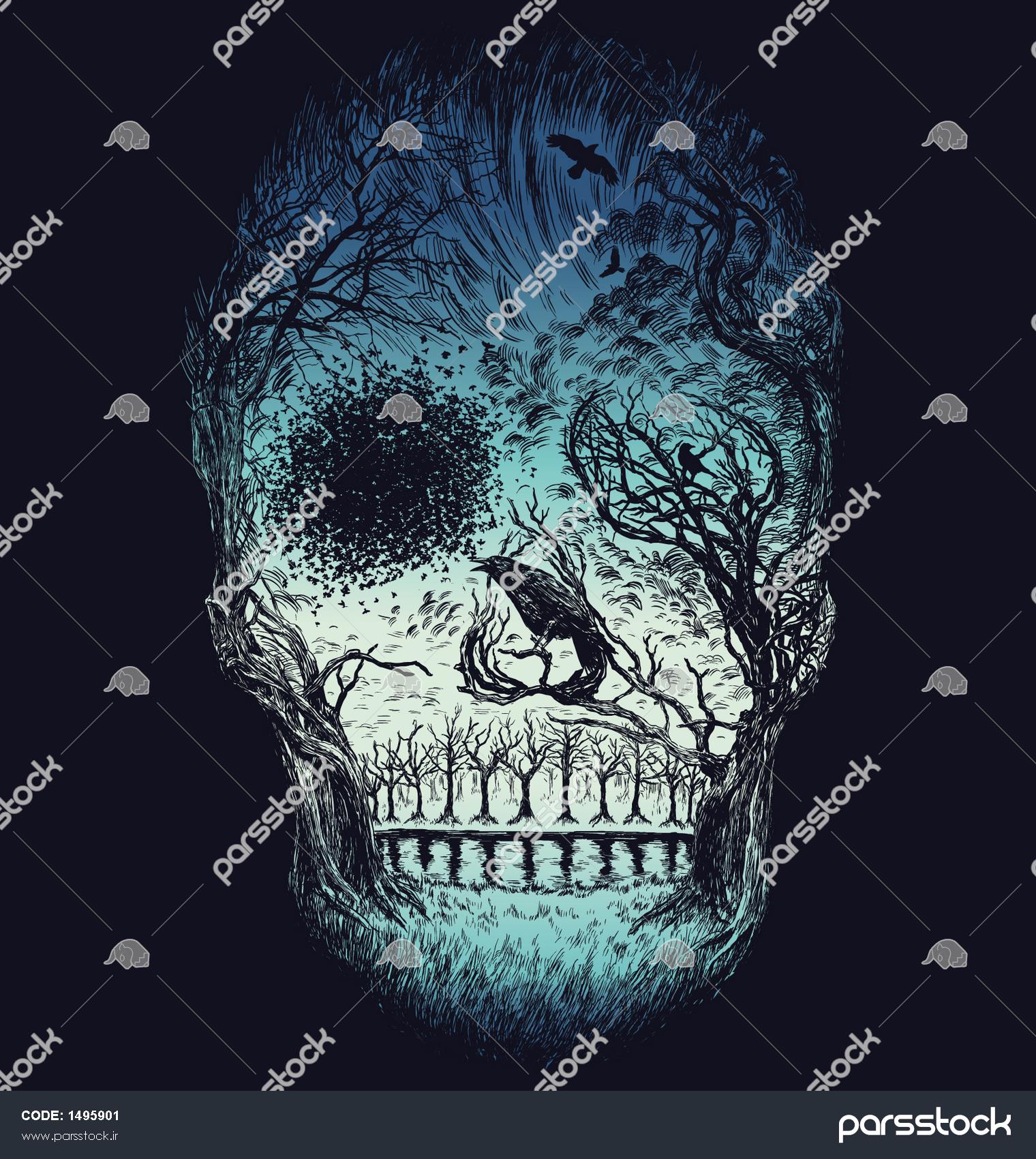 Hand Drawn Abstract Skull ساخته شده از درختان و شاخ و برگ در رنگ 1495901