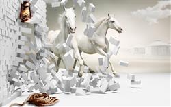 تصویر 1 از گالری عکس طرح پوستر کاغذ دیواری سه بعدی خلاق اسب های سفید و دیوار در حال ریزش آجر