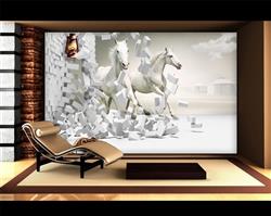 تصویر 3 از گالری عکس طرح پوستر کاغذ دیواری سه بعدی خلاق اسب های سفید و دیوار در حال ریزش آجر