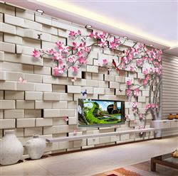 تصویر 3 از گالری عکس طرح پوستر کاغذ دیواری سه بعدی گل شکوفه ماگنولیا و دیواری آجری