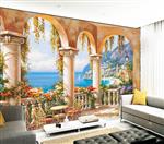 تصویر 2 از گالری عکس طرح پوستر کاغذ دیواری سه بعدی منظره محوطه باغ و دریا از بالکن کاخی زیبا با ستون های بلند