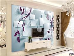 تصویر 2 از گالری عکس طرح پوستر کاغذ دیواری سه بعدی مکعب و ساقه های گل بنفش