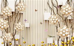 تصویر 1 از گالری عکس طرح پوستر دیواری چاپی سه بعدی طلا و جواهر و گل درخت خیزران