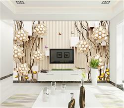 تصویر 2 از گالری عکس طرح پوستر دیواری چاپی سه بعدی طلا و جواهر و گل درخت خیزران