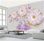 تصویر 2 از گالری عکس طرح پوستر دیواری چاپی سه بعدی لوکس جواهرات و گل با قوهای عاشق
