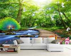 تصویر 2 از گالری عکس طرح پوستر دیواری چاپی سه بعدی زمینه جنگل و منظره رودخانه و طاووس