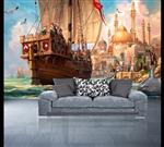 تصویر 3 از گالری عکس طرح پوستر کاغذ دیواری رویای اقیانوس کشتی قلعه دلفین تم نقاشی رنگ و روغن
