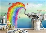 تصویر 4 از گالری عکس طرح پوستر کاغذ دیواری فیل نقاشی شده با آبرنگ و رنگین کمان