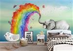 تصویر 3 از گالری عکس طرح پوستر کاغذ دیواری فیل نقاشی شده با آبرنگ و رنگین کمان