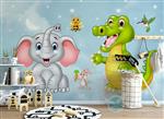 تصویر 5 از گالری عکس طرح پوستر کاغذ دیواری سه بعدی فیل کوچک و بچه دایناسور برای اتاق کودک