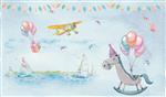 تصویر 1 از گالری عکس طرح پوستر کاغذ دیواری کارتون زیبا هواپیما در آسمان و کشتی در اقیانوس