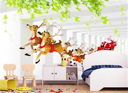 تصویر 2 از گالری عکس طرح پوستر کاغذ دیواری گوزن های بابا نوئل و درشکه پرنده