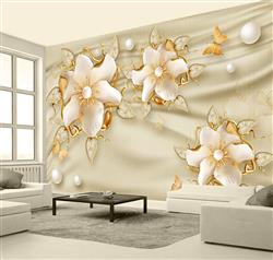 تصویر 3 از گالری عکس طرح پوستر کاغذ دیواری سه بعدی لوکس جواهر و گل ابریشم طلا و جواهر بر روی ساتن