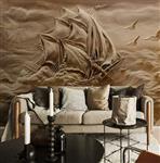 تصویر 4 از گالری عکس طرح پوستر کاغذ دیواری سه بعدی کشتی در امواج دریا و مرغ های دریایی