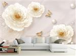 تصویر 3 از گالری عکس طرح پوستر کاغذ دیواری سه بعدی طلا و جواهر و گل های سفید پروانه و مروارید
