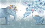 تصویر 1 از گالری عکس طرح پوستر کاغذ دیواری سه بعدی فیل و بچه فیل و گل های آبی اتاق خواب کودک