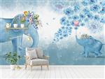تصویر 4 از گالری عکس طرح پوستر کاغذ دیواری سه بعدی فیل و بچه فیل و گل های آبی اتاق خواب کودک