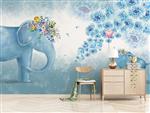 تصویر 3 از گالری عکس طرح پوستر کاغذ دیواری سه بعدی فیل و بچه فیل و گل های آبی اتاق خواب کودک