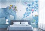 تصویر 2 از گالری عکس طرح پوستر کاغذ دیواری سه بعدی فیل و بچه فیل و گل های آبی اتاق خواب کودک
