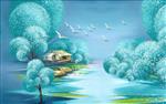 تصویر 1 از گالری عکس طرح پوستر دیواری رویای آبی نقاشی رنگ روغن منظره زیبا با پرندگان سفید