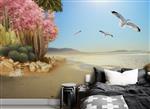 تصویر 1 از گالری عکس طرح پوستر کاغذ دیواری سه بعدی کنار دریا گرمسیری گل و گیاهان و پرندگان با رنگ آمیزی شاد