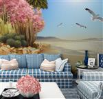 تصویر 5 از گالری عکس طرح پوستر کاغذ دیواری سه بعدی کنار دریا گرمسیری گل و گیاهان و پرندگان با رنگ آمیزی شاد