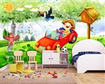 تصویر 2 از گالری عکس طرح پوستر کاغذ دیواری اتاق کودکان نقاشی دیواری ماشین قرمز و لانه پرنده