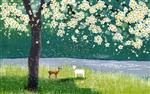تصویر 1 از گالری عکس طرح پوستر کاغذ دیواری نقاشی آهویی در جنگل با درختان پرشکوفه و گل